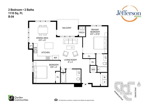 Floor plan for 2 beds, 2 baths, 1110 sqft